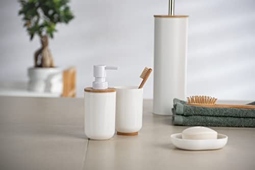 WENKO Posa sabunluk, sıvı sabun, losyon veya deterjan için doldurulabilir pompalı dağıtıcı, sürdürülebilir bambu desenli beyaz plastik, (G x Y x D): 7 x 16,5 x 8 cm, kapasite yaklaşık 330 ml