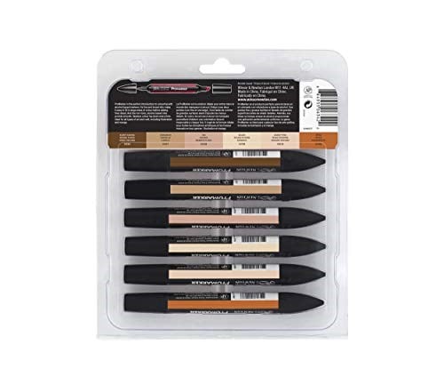 Winsor & Newton 0290077 ProMarker (cilt tonları, profesyonel yerleşim kalemi, 2 uç, ince ve geniş, çizimler, tasarım ve düzenler için) 6 renkli set