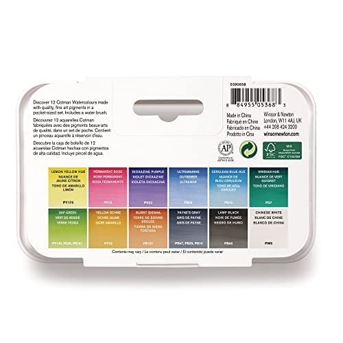 Winsor & Newton 390658 Cotman Fırça Kalem Seti - Cep Boyutunda Set, 12 Sulu Boya - Renk, 1 Karıştırma Paleti