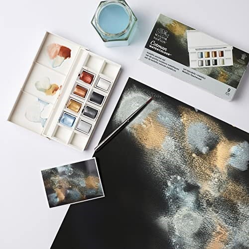 Winsor & Newton Cotman Suluboya Boya Seti, 8 Yarım Tava, Metalik Renkler Fırçalı