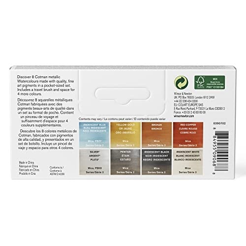 Winsor & Newton Cotman Suluboya Boya Seti, 8 Yarım Tava, Metalik Renkler Fırçalı