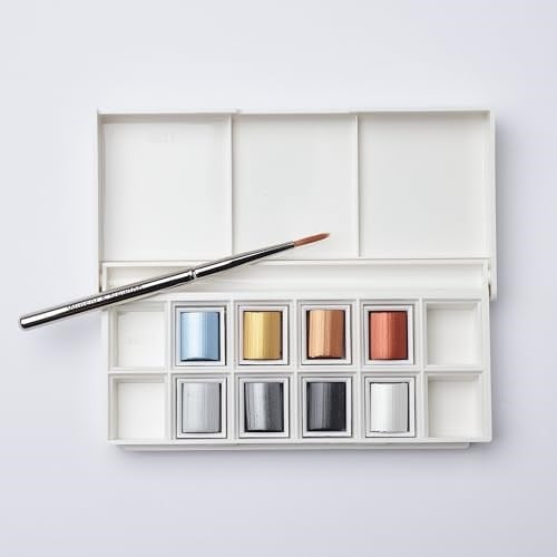 Winsor & Newton Cotman Suluboya Boya Seti, 8 Yarım Tava, Metalik Renkler Fırçalı