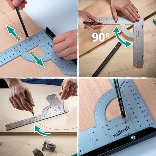 wolfcraft Evrensel açı 5205000 / açı ölçer, 300 mm kenar uzunluğu, 90° durdurma açısı ve çıkarılabilir açılı ray ile hassas işaretleme ve çizim için - Bedenler: 300mm, profesyonel