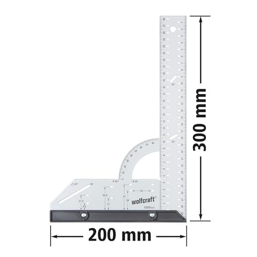 wolfcraft Evrensel açı 5205000 / açı ölçer, 300 mm kenar uzunluğu, 90° durdurma açısı ve çıkarılabilir açılı ray ile hassas işaretleme ve çizim için - Bedenler: 300mm, profesyonel