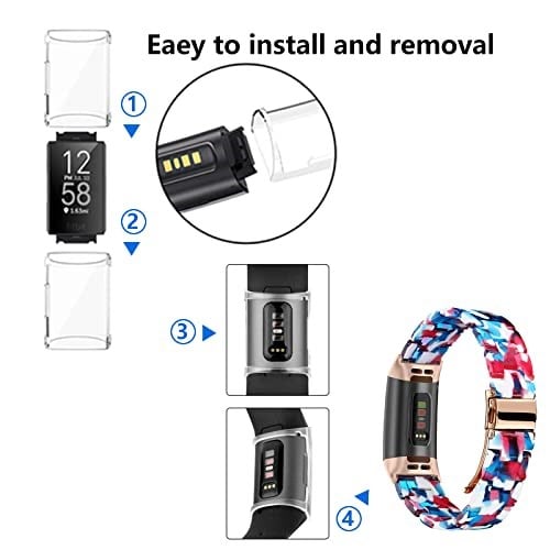 Wongeto Fitbit Charge 4/Fitbit Charge 3/Charge 3 SE ile Uyumlu Reçine Bant Kadın Kılıflı, Bilezik Bileklik Reçine Kayışlar + Şarj 4/3/3 SE Bandı için Kapak Koruyucu Kılıflar