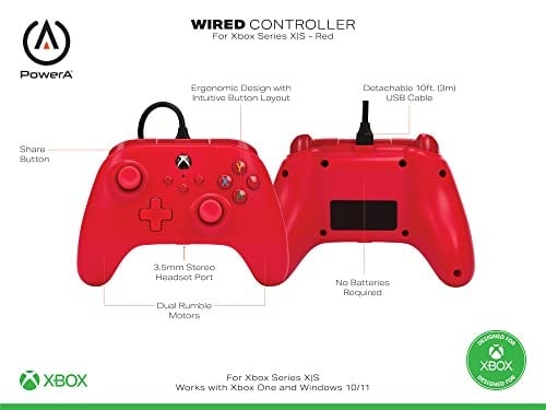 Xbox Series X|S ve Windows 10/11 için kablolu PowerA Controller - Kırmızı, Gamepad, kablolu video oyun denetleyicisi, oyun denetleyicisi, Xbox One, Type C ile uyumlu, resmi lisanslı