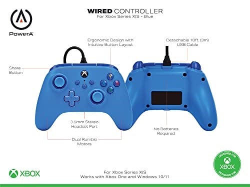 Xbox Series X|S ve Windows 10/11 için kablolu PowerA Controller - Mavi, Gamepad, kablolu video oyun denetleyicisi, oyun denetleyicisi, Xbox One, Type C ile uyumlu, resmi lisanslı
