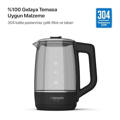 Xenon Smart Akıllı Kettle Paslanmaz Çelik Mobil Uygulama Kontrollü Otomatik Kapanma Hızlı Kaynatma Kolay Temizlik Kaçak Akım Korumalı Led Işıklı Cam Hazneli Su Isıtıcısı 1.7 Lt (Siyah) X7103