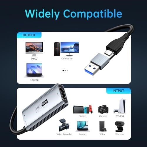 XIIXMASK Video yakalama kartı USB 3.0, 100 W PD HDMI USB/USB C 1080P HD 60 fps Live ve Record Video Audio Game MS2130, Switch Xbox PS4/5 Live Broadcast, oyun, akış için