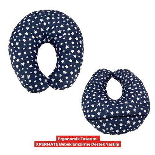 XPERMATE Bebek Emzirme Yastığı Bebek Destek Minderi Fermuarlı Yıkanabilir Kılıf 55x60 (Yıldızlı Lacivert)