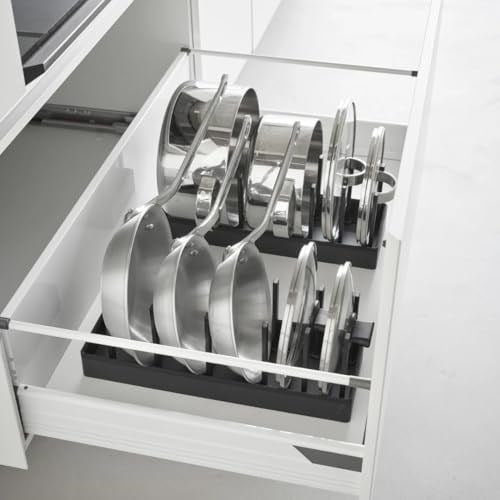 Yamazaki 1362 Tower genişliği ayarlanabilir tencere ve tava düzenleyici, siyah, ABS reçine/silikon, minimalist, 40 x 14,1 x 14 cm (U x G x Y)