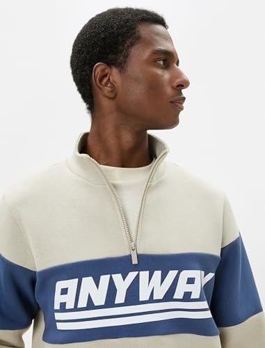 Yarım Fermuarlı Sweatshirt Dik Yaka Slogan Baskılı Renk Bloklu Şardonlu