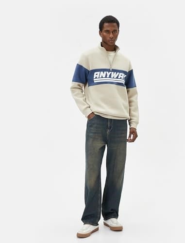 Yarım Fermuarlı Sweatshirt Dik Yaka Slogan Baskılı Renk Bloklu Şardonlu