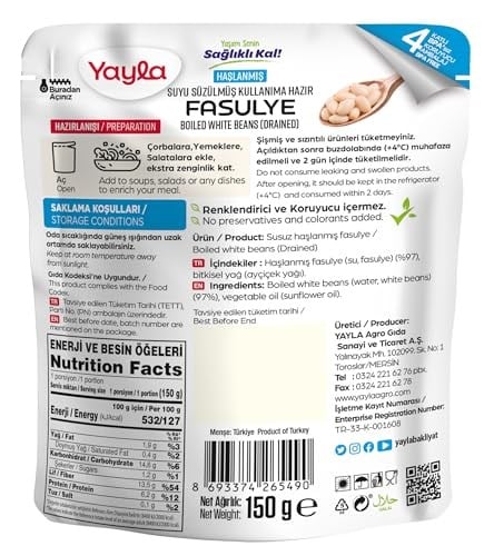 yayla 150 gr Haşlanmiş Suyu Süzülmüş Fasulye Tekli Paket