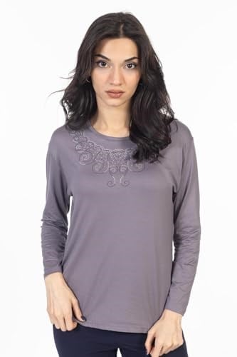 Yeni Model Taş İşlemeli Yuvarlak Yaka Likralı Anne Penye Bluz 6420