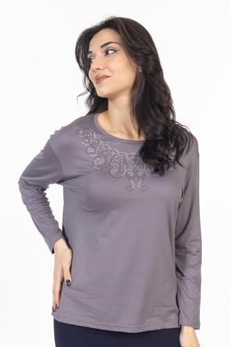 Yeni Model Taş İşlemeli Yuvarlak Yaka Likralı Anne Penye Bluz 6420