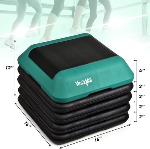 Yes4All 16x16 Adjustable High Step Aerobic Platform with 4 Risers, Height-Adjustable 4-6-8-10-12 Step Aerobics Platform for Home Gym Exercise Fitness Workout