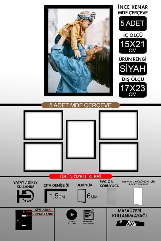 yhfoto 5 Adet 15x21 İnce Çıtalı A5 Siyah 6mm Fotoğraf Siyah