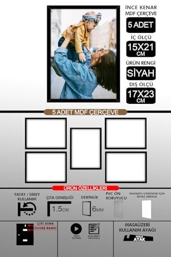 yhfoto 5 Adet 15x21 İnce Çıtalı A5 Siyah 6mm Fotoğraf Siyah