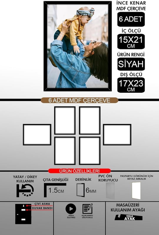yhfoto 6 Adet 15x21 İnce Çıtalı A5 Siyah 6mm Fotoğraf Siyah