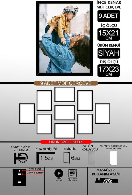 yhfoto 9 Adet 15x21 İnce Çıtalı A5 Siyah 6mm Fotoğraf Siyah