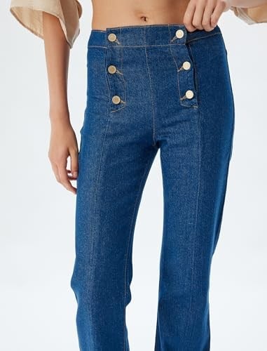 Yüksek Bel İspanyol Paça Düğme Detaylı Slim Kot Pantolon