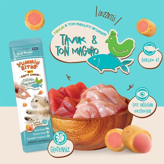 Yummie Bites Yumuşak Çiğnenebilir Kedi Ödülü Tavuk ve Mavi Yüzgeçli Orkinos Aromalı
