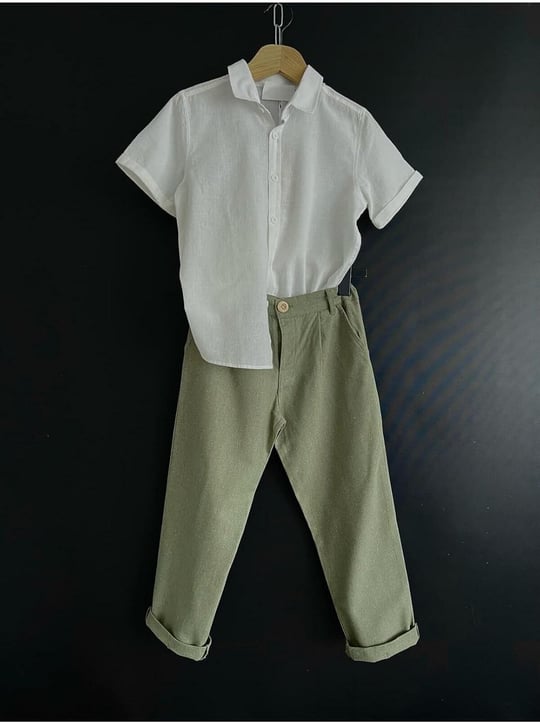 Zelhankids%100 ORGANİK KETEN GÖMLEK VE PANTOLON TAKIM BEYAZ 8-9 Yaş