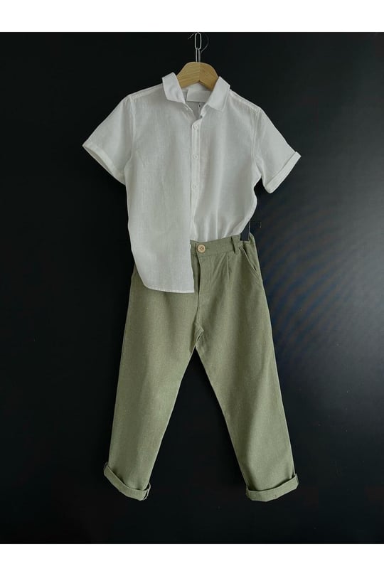 Zelhankids%100 ORGANİK KETEN GÖMLEK VE PANTOLON TAKIM BEYAZ 5-6 Yaş