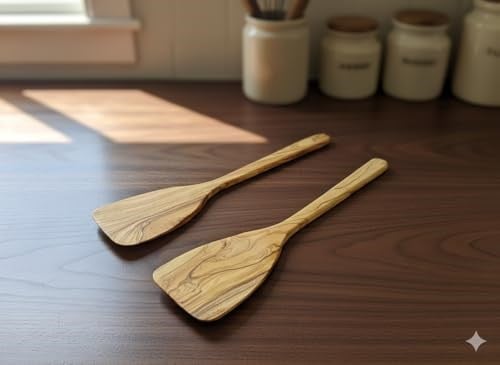 Zeytin Ağacı Spatula 2li Set – İnce ve Hafif – Omlet, Krep, Krep ve Hafif Tavada Kızartmak için Mükemmel – Yapışmaz Tavalar için Güvenli