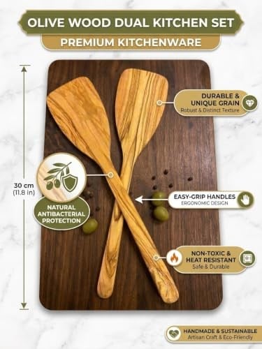 Zeytin Ağacı Spatula 2li Set – İnce ve Hafif – Omlet, Krep, Krep ve Hafif Tavada Kızartmak için Mükemmel – Yapışmaz Tavalar için Güvenli