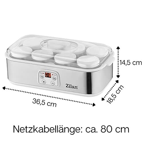 Zilan Yoğurt makinesi, yoğurt makinesi, 1,44 litre, 8 cam şişe, her biri 180 ml, dijital ekran, 20 – 55 °C sıcaklık ayarı, yoğurt hazırlayıcı, beyaz
