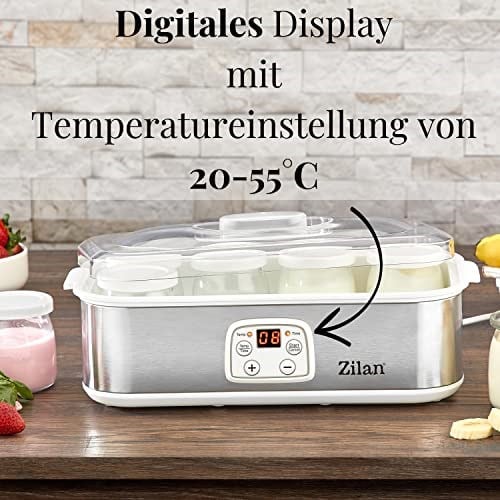 Zilan Yoğurt makinesi, yoğurt makinesi, 1,44 litre, 8 cam şişe, her biri 180 ml, dijital ekran, 20 – 55 °C sıcaklık ayarı, yoğurt hazırlayıcı, beyaz