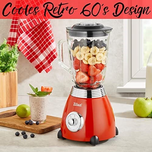 ZLN7057 60lı yıllar retro blender, 6 bölmeli metal bıçak, 1,5 litre ml, 500 Watt, cam, paslanmaz çelik, nabız fonksiyonu, evrensel güçlü mikser, Smoothie makinesi, buz kırıcı, yumurta akı çalkalayıcı