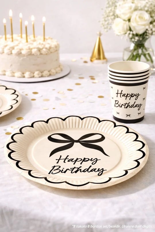Krem Siyah Fiyonk Karton Tabak Bardak Set 8 li