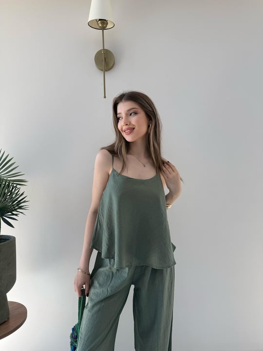 Askılı Bluz ve Pantolonlu Çilek İkili Takım Yeşil 2316