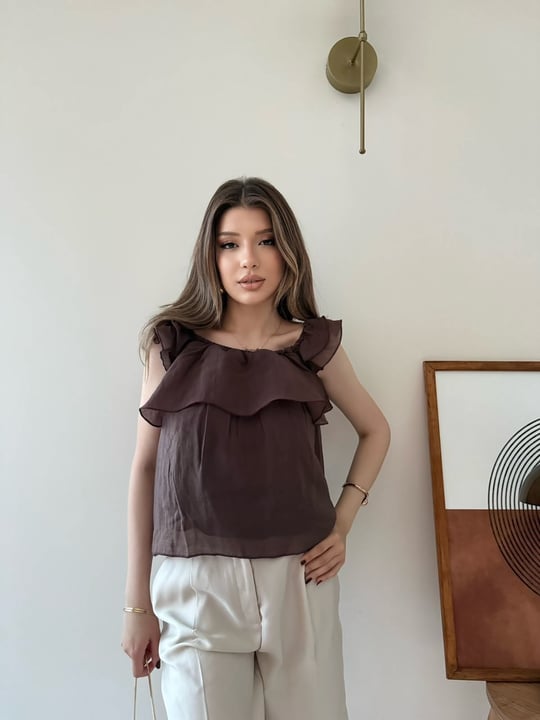 Askılı Kat Kat İç Astarlı Keten Bluz Kahve 2345