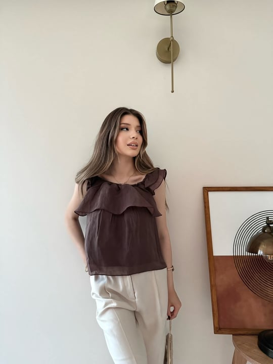 Askılı Kat Kat İç Astarlı Keten Bluz Kahve 2345