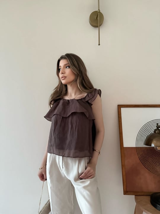 Askılı Kat Kat İç Astarlı Keten Bluz Kahve 2345