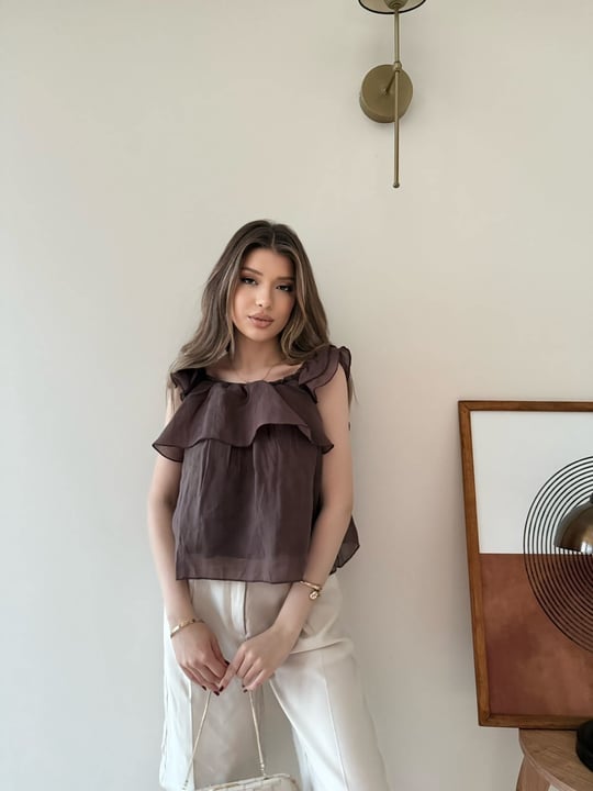 Askılı Kat Kat İç Astarlı Keten Bluz Kahve 2345
