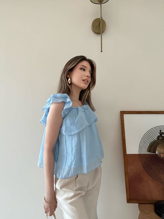 Askılı Kat Kat İç Astarlı Keten Bluz Mavi 2345