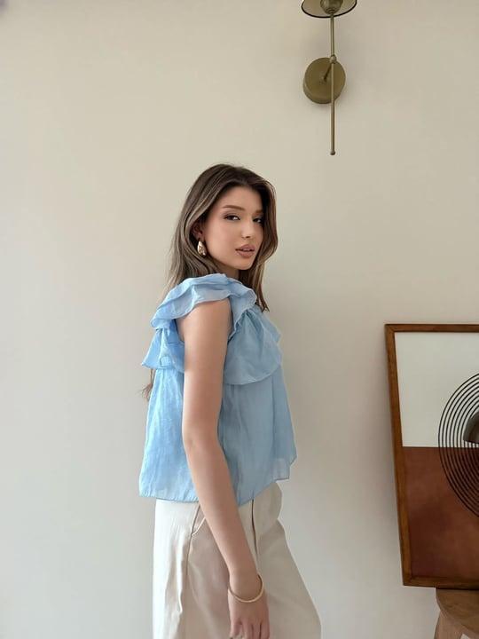 Askılı Kat Kat İç Astarlı Keten Bluz Mavi 2345
