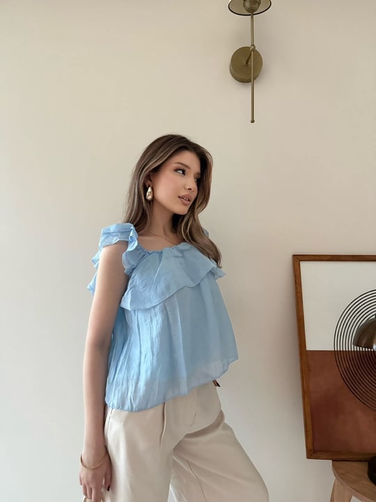 Askılı Kat Kat İç Astarlı Keten Bluz Mavi 2345