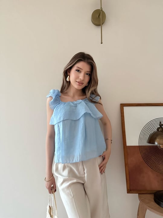 Askılı Kat Kat İç Astarlı Keten Bluz Mavi 2345
