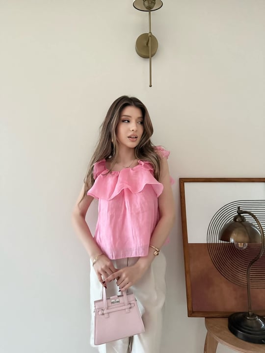Askılı Kat Kat İç Astarlı Keten Bluz Pembe 2345
