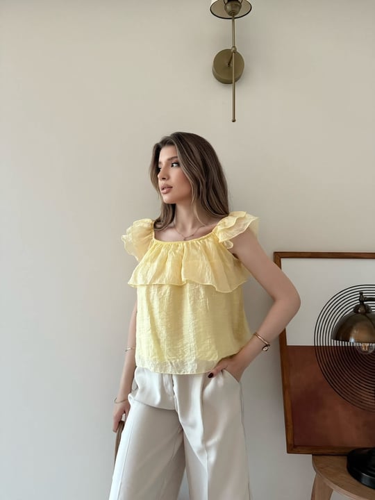 Askılı Kat Kat İç Astarlı Keten Bluz Sarı 2345