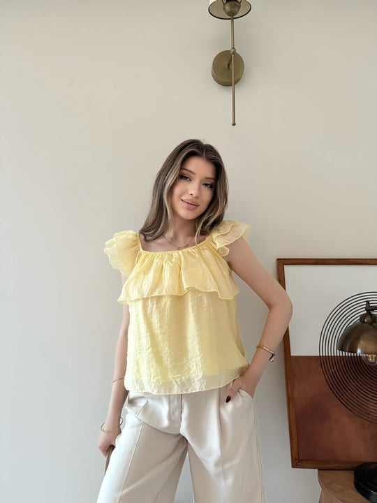 Askılı Kat Kat İç Astarlı Keten Bluz Sarı 2345
