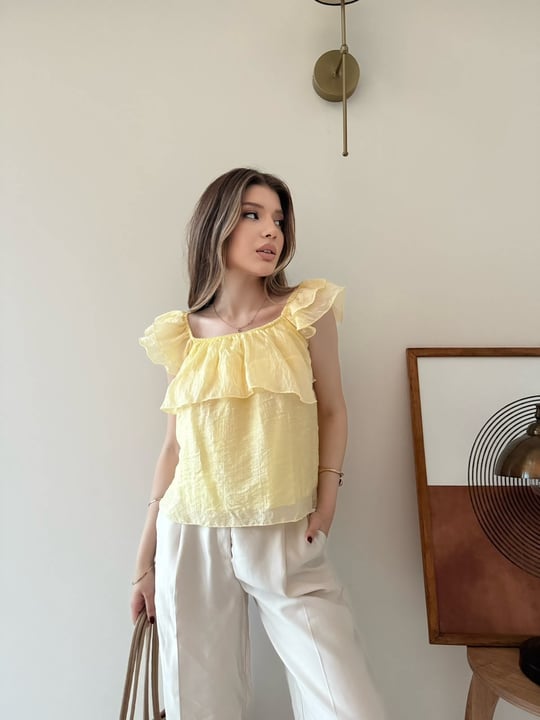 Askılı Kat Kat İç Astarlı Keten Bluz Sarı 2345