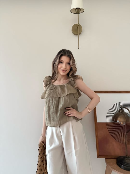 Askılı Kat Kat İç Astarlı Keten Bluz Vizon 2345
