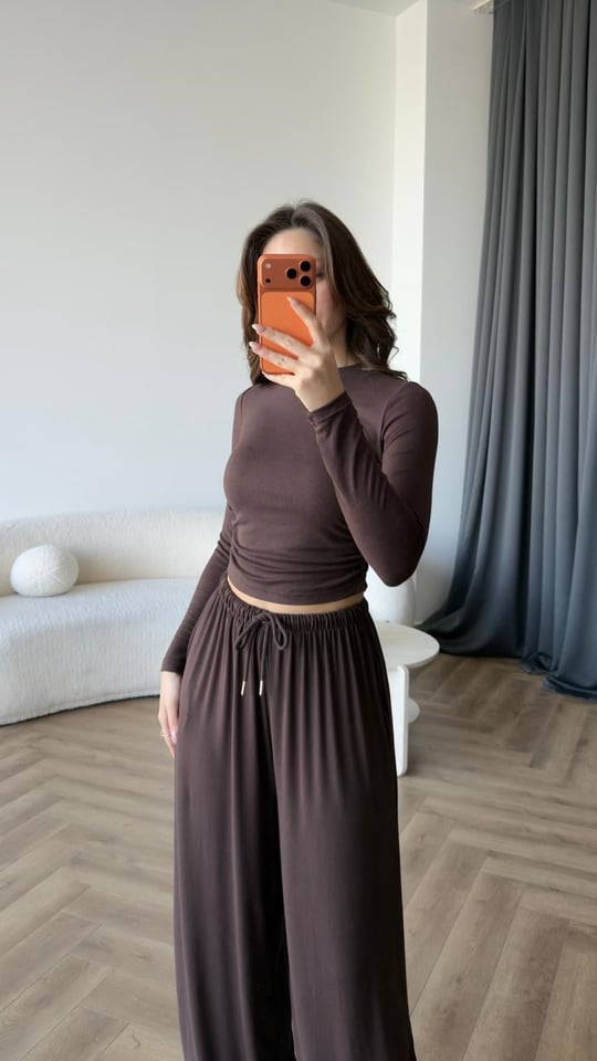 Bel Drape Detay Bluz ve Paça Lastikli Viskon İkili Takım Acı Kahve 2420